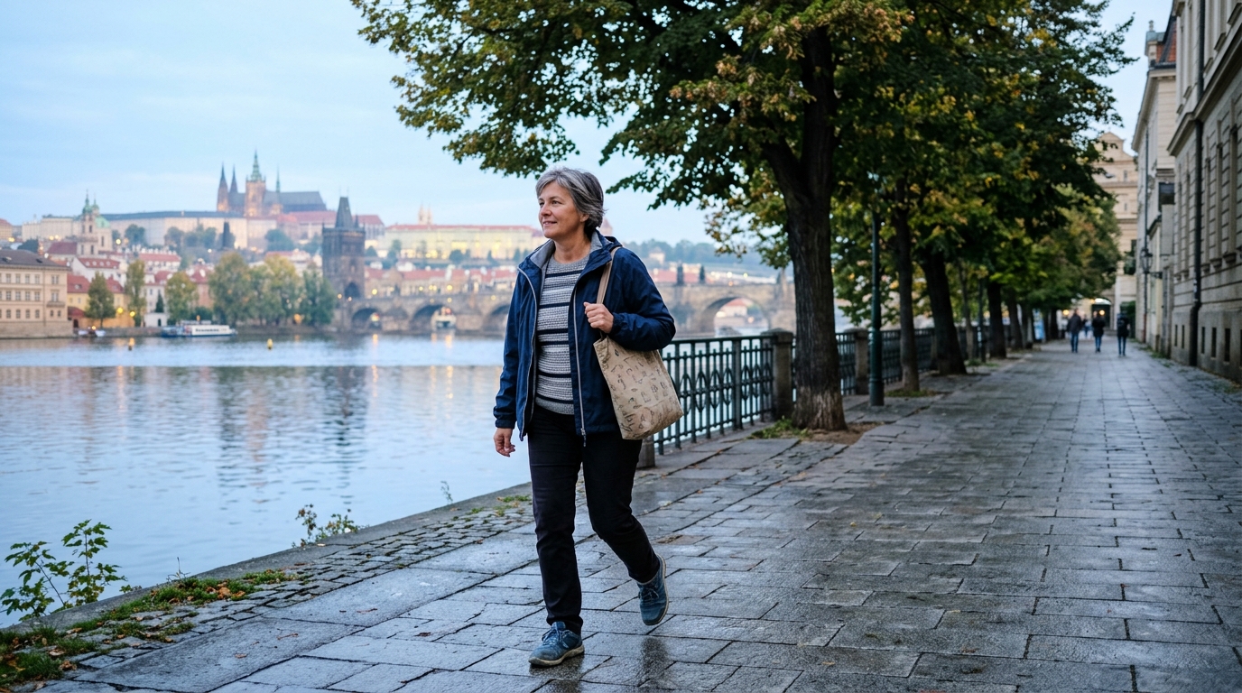 Žena středního věku v pohodlném oblečení svižně kráčí po pražském nábřeží v časném ránu